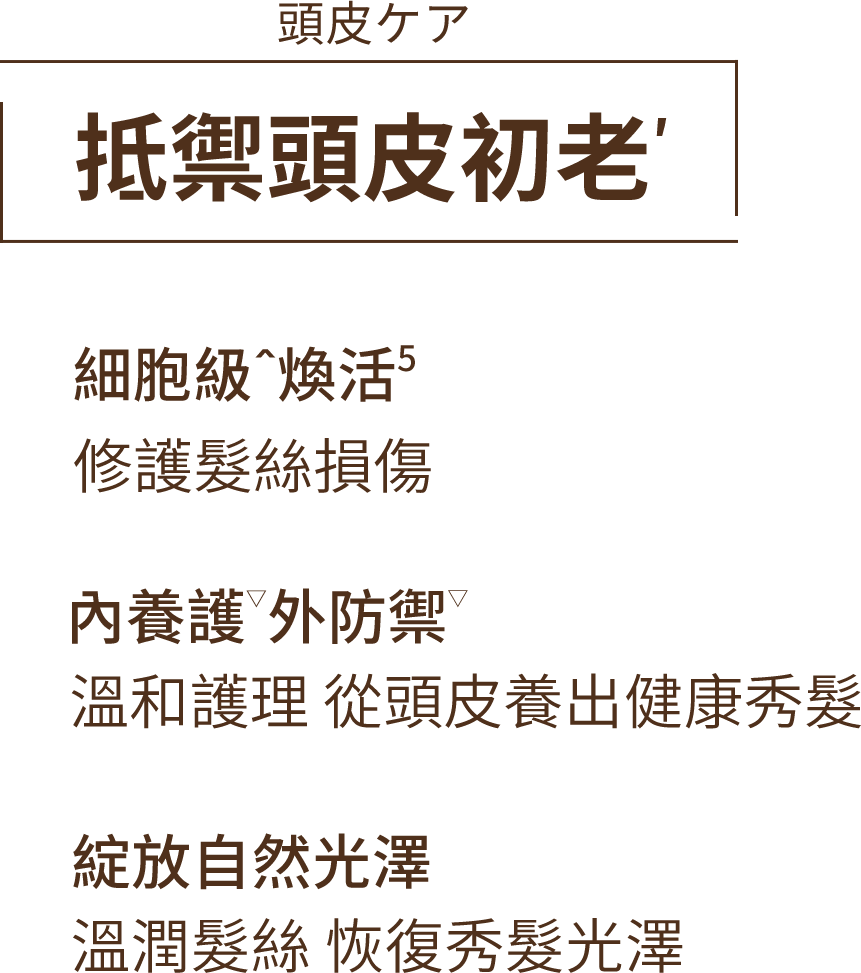 抵禦頭皮初老′ 細胞級＾煥活5 修護髮絲損傷 內養護▽外防禦▽ 溫和護理 從頭皮養出健康秀髮 綻放自然光澤 溫潤髮絲 恢復秀髮光澤