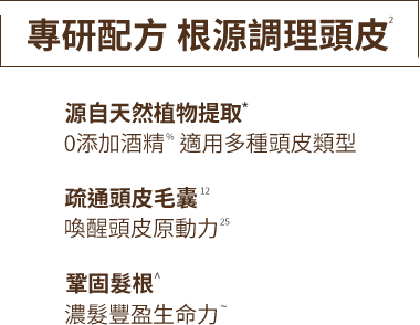 專研配方 根源調理頭皮，源自天然植物萃取，疏通頭皮毛囊，鞏固髮根